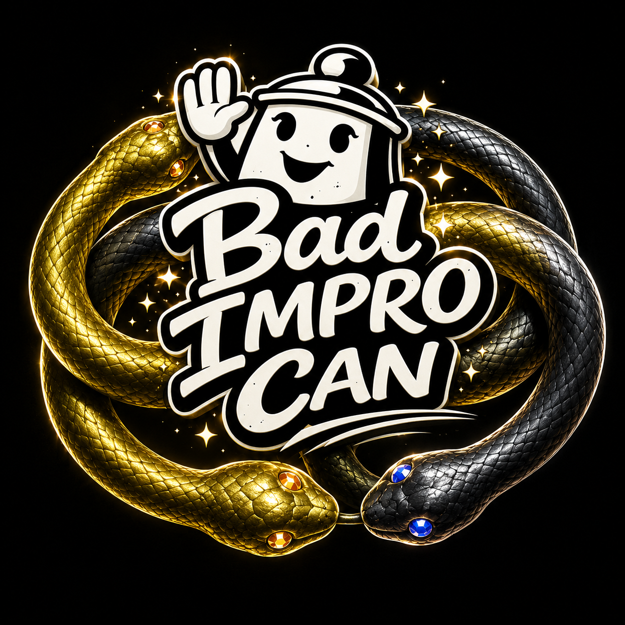 Das Logo von Bad Impro Can wird von zwei goldenen und schwarzen Schlangen umrahmt, die das Auryn-Symbol aus „Die unendliche Geschichte“ bilden.